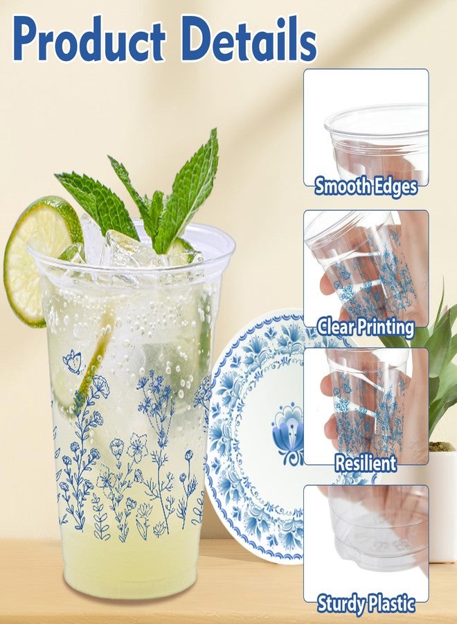 ZCPTZ 100 Pcs Chinoiserie Disposable Plastic Cups,16 oz Blue and White Flower Clear Plastic Cups for Birthday, Baby Shower, Christmas, Wedding and Tea Party Drinking Cups Supplies - Image 3